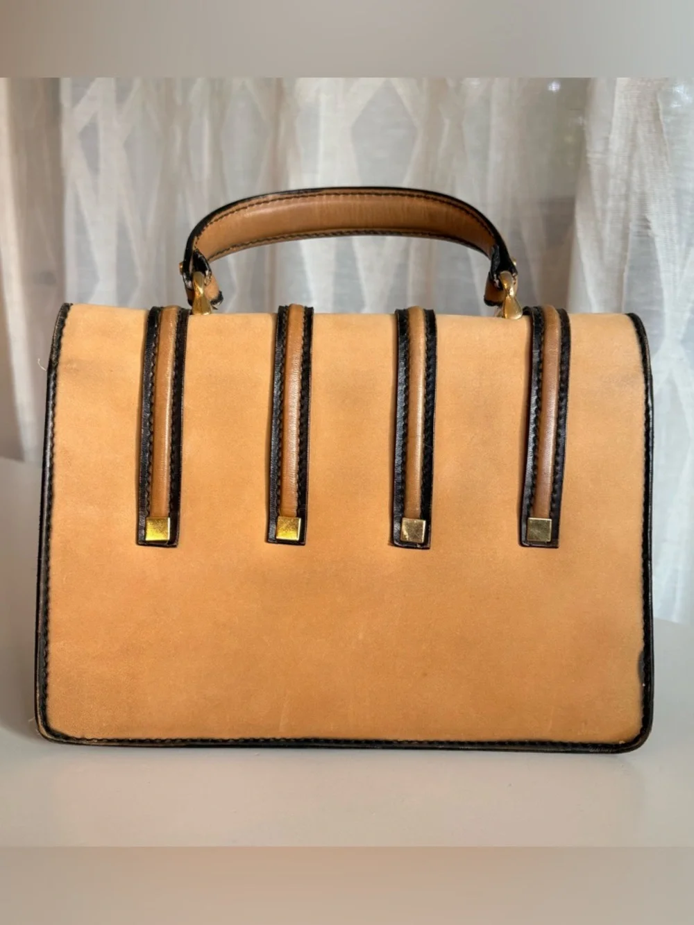 Vintage Tano Of Madrid Tan Accordion Top-Handle Leather Bag